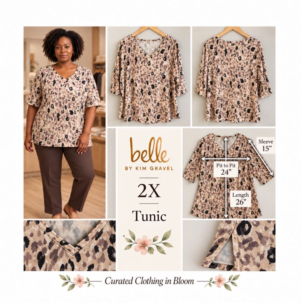 Belle by Kim Gravel Animal Print V-Neck Tunic Top 2X